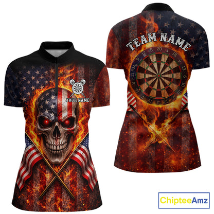 Personalized Womens Dart Polo & Quarter Zip Shirt Fire Flame US Flag Darts Jersey Skull Dart Attire NYN2866