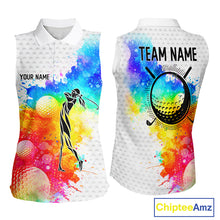 Load image into Gallery viewer, Women White Pattern Golf Sleeveless Polo Shirt Custom Name Colorful Watercolor Golf Clothes, Golf Gifts NYN2873