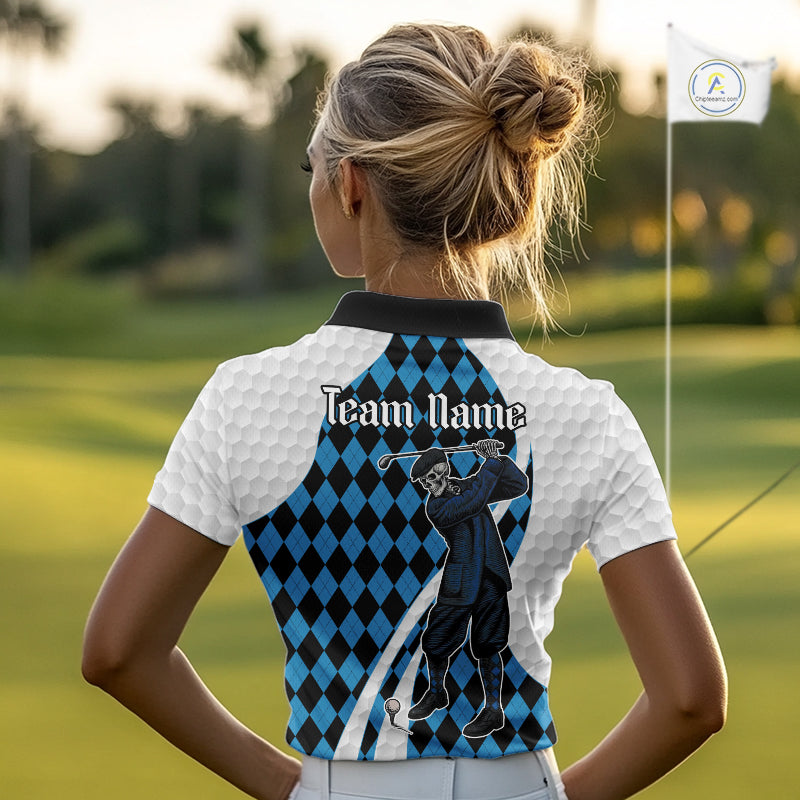 Golfer Skeleton Golf Polo Shirts For Women Custom Blue Argyle Pattern Team Name Golf Clothes NYN3253