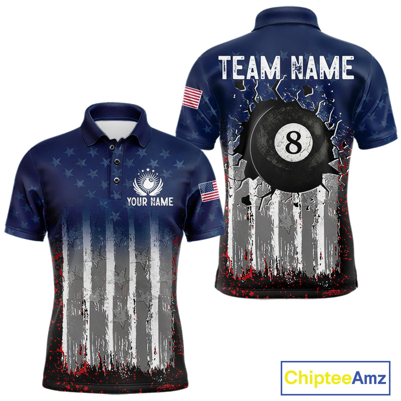 American Flag Cracked 8 Ball Billiard Pool Shirt For Men Custom Grunge Patriotic Billiard Team Jersey NYN3085