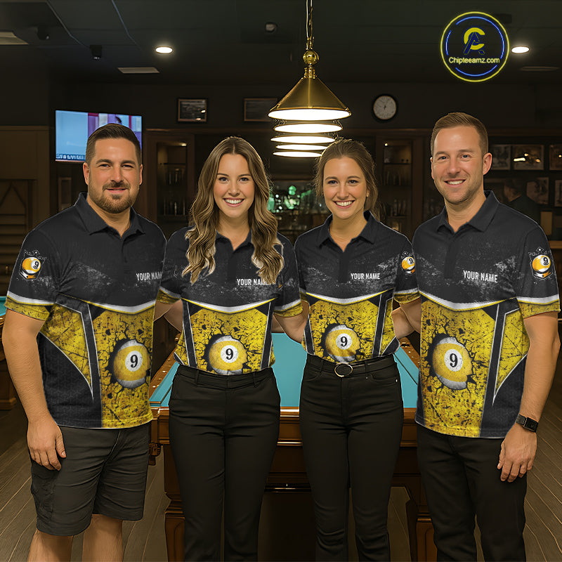 Black And Yellow Grunge Cracked 9 Ball Billiard Pool Shirt For Women Custom 9 Ball Billiard Team Jersey NYN3086