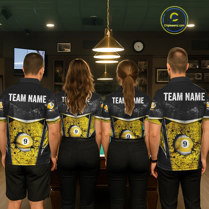 Black And Yellow Grunge Cracked 9 Ball Billiard Pool Shirt For Women Custom 9 Ball Billiard Team Jersey NYN3086