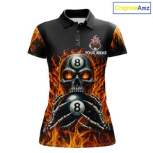 Load image into Gallery viewer, Fire Flame Skull 8 Ball women's billiard polo shirt custom red flame pool jersey, personalized billiards team uniform, tournament cue sports apparel