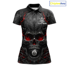 Load image into Gallery viewer, Black Red Flaming Skull 8 Ball women's billiard polo shirt custom pool team jersey, personalized billiards apparel