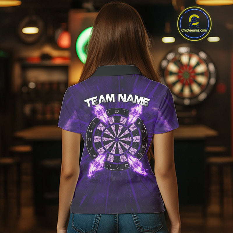 Custom Purple Flames Dart Arrow Cracked Skull Women Darts Polo Shirt Grunge Dart Gifts NYN1990