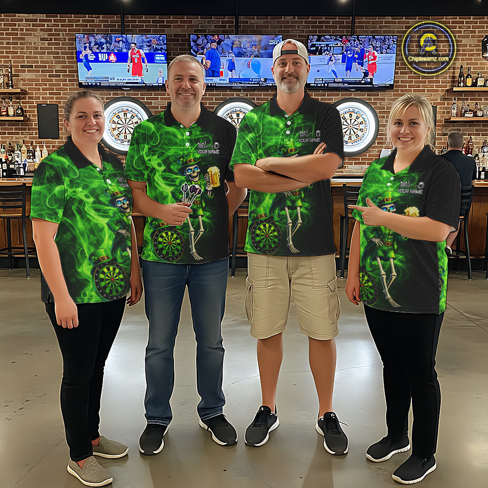 Funny Skeleton St Patrick's Day Men Darts Quarter-Zip Shirt Custom Flame Shamrock Darts Team Jersey NYN2529