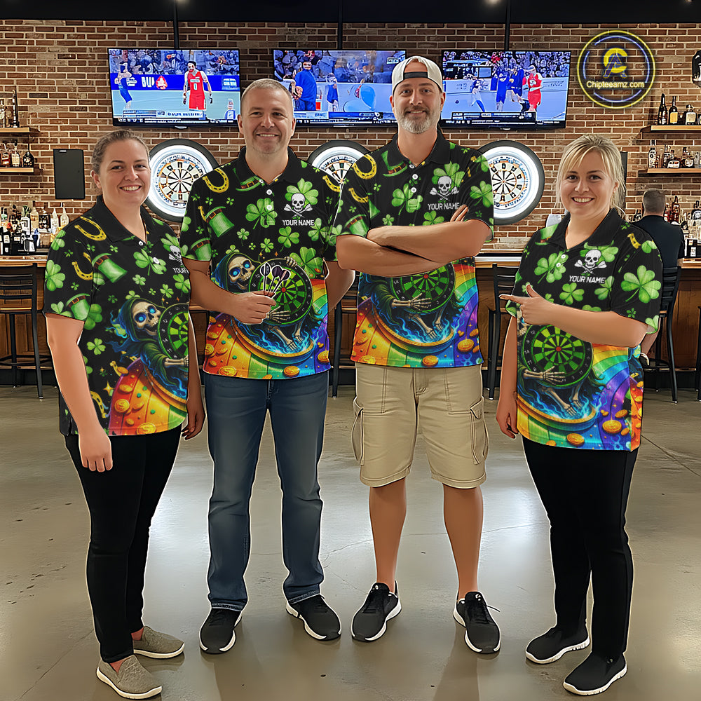 Rainbow Funny Skeleton Green Dartboard Women Darts Polo Shirt Custom St Patrick's Day Darts Jersey NYN2533