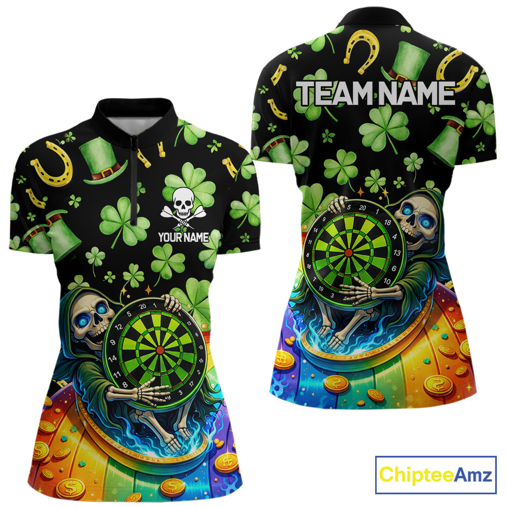 Rainbow Funny Skeleton Green Dartboard Women Darts Quarter-Zip Shirt Custom St Patrick's Day Darts Jersey NYN2533