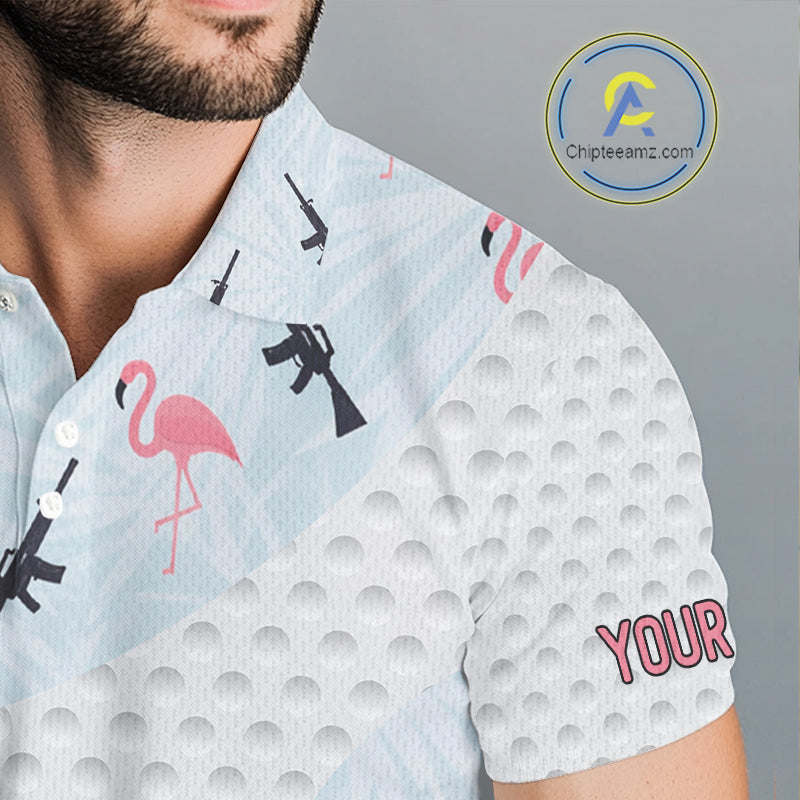 Funny Rifle & Flamingo Polo Shirt Mens Golf Polo Shirts Custom White Ball Pattern Golf Clothes NYN2877