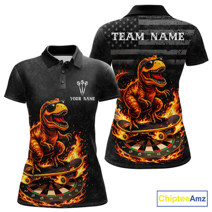Custom Grunge Flame Dinosaur Darts Shirt Polo & 1/4 Zip Darts Jersey For Women US Flag Dart Outfit NYN2884
