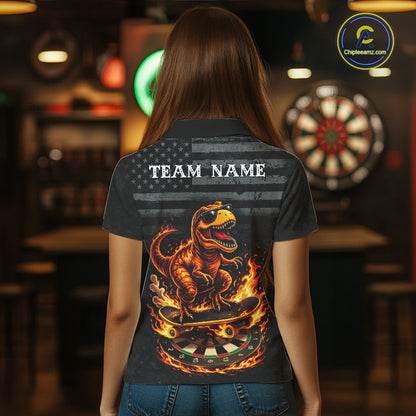 Custom Grunge Flame Dinosaur Darts Shirt Polo & 1/4 Zip Darts Jersey For Women US Flag Dart Outfit NYN2884