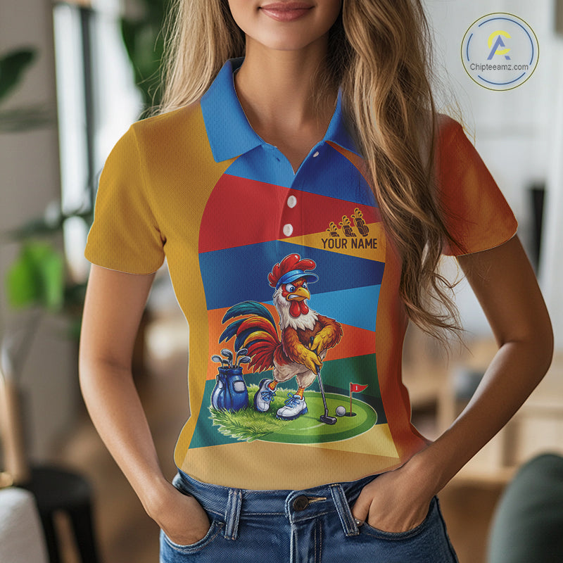 Colorful Rooster Womens Golf Polo Shirts Personalized Funny Golf Ball Shirts, Golf Gifts For Women NYN3098
