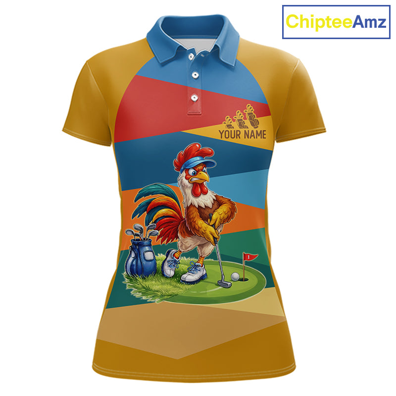 Colorful Rooster Womens Golf Polo Shirts Personalized Funny Golf Ball Shirts, Golf Gifts For Women NYN3098