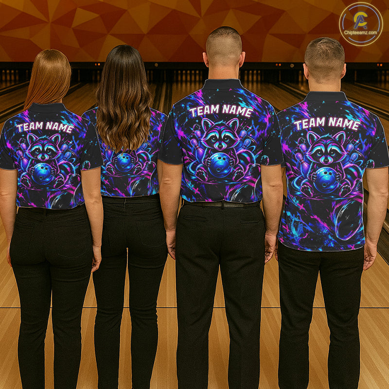 Splatter Neon Purple & Blue Bowling Shirts For Men Custom Funny Raccoon Team Bowling Jersey NYN3270