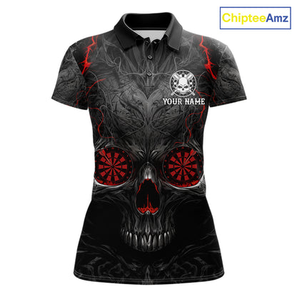 Black Red Skull Dartboard women's darts polo shirt, custom skull dart jersey, personalized dart team apparel, tournament dart uniform