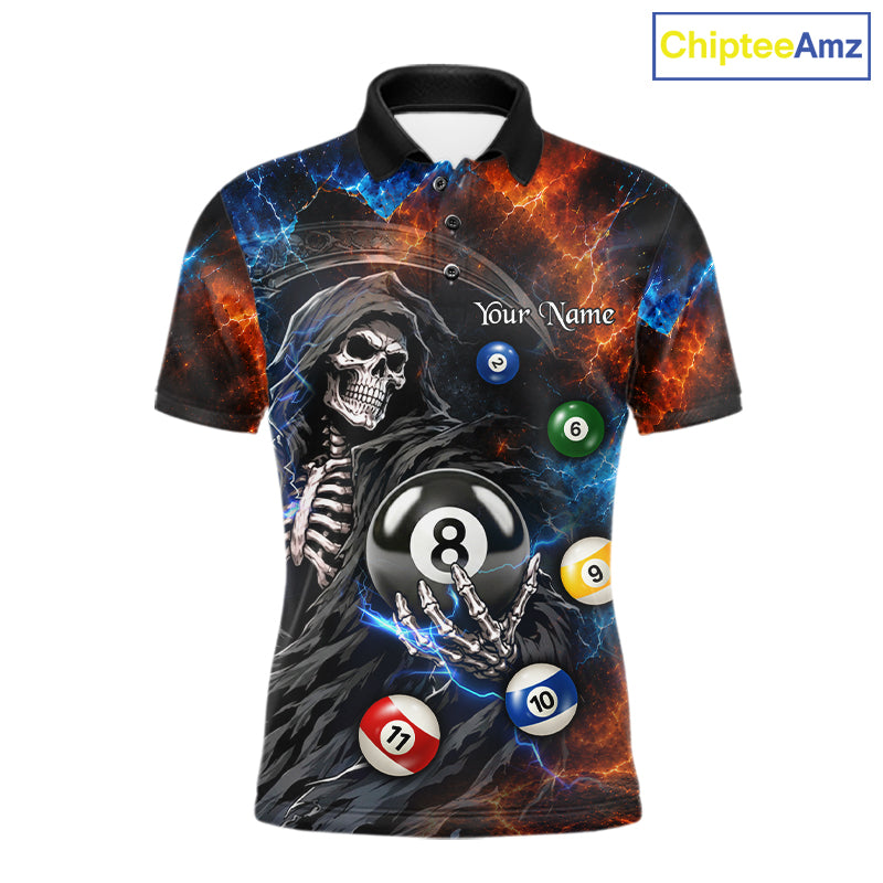 Men's Thunder Grim Reaper billiard polo with lightning effects, personalized pool tournament jersey, APA, BCA and VNEA team apparel, custom athletic polo.