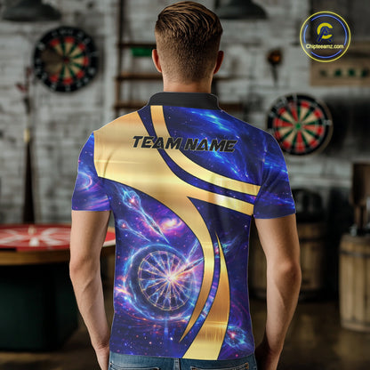 Personalized Golden And Purple Galaxy Darts Polo & 1/4 Zip Shirt For Men Darts Clothing Jerseys NYN2892