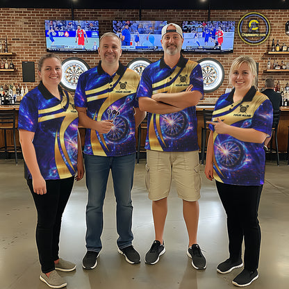 Personalized Golden And Purple Galaxy Darts Polo & 1/4 Zip Shirt For Men Darts Clothing Jerseys NYN2892