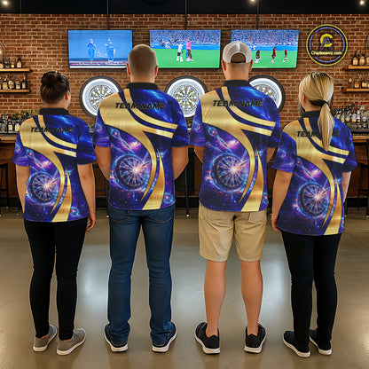 Personalized Golden And Purple Galaxy Darts Polo & 1/4 Zip Shirt For Men Darts Clothing Jerseys NYN2892