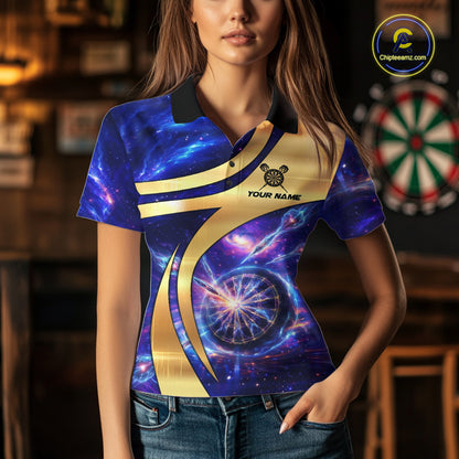Personalized Golden And Purple Galaxy Darts Polo & 1/4 Zip Shirt For Women Darts Clothing Jerseys NYN2892