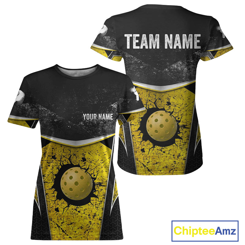 Custom Black And Grunge Yellow Pickleball Shirts For Women, Cracked Pickleball Ball Team Shirt NYN3104