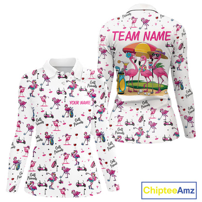 Funny Pink Flamingo Friends White Womens Polo Shirt Custom Flamingo Ladies Golf Outfits NYN3111