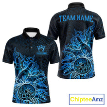 Load image into Gallery viewer, Blue Tribal Pattern Bowling Ball men's bowling polo shirt, custom tribal bowling team jersey, league bowling apparel