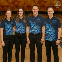 Load image into Gallery viewer, Men women bowling team wearing Blue Tribal Pattern Bowling Ball custom bowling uniforms