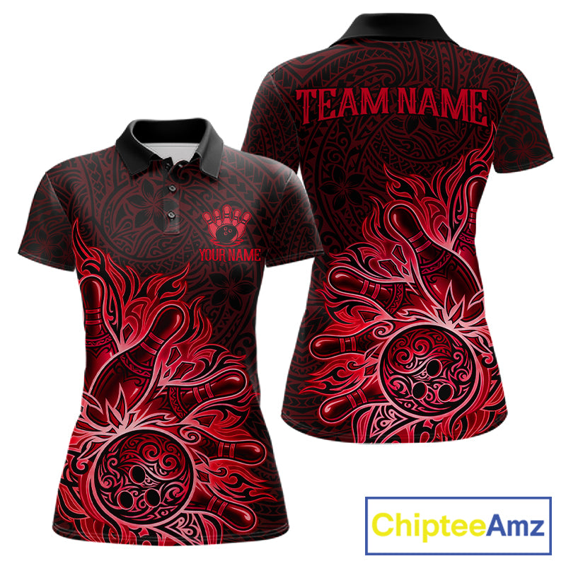 Red Tribal Pattern Bowling Ball women's bowling polo shirt, custom bowling team jersey, tribal bowling apparel