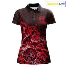 Load image into Gallery viewer, Red Tribal Pattern Bowling Ball women's bowling polo shirt, custom bowling team jersey, tribal bowling apparel