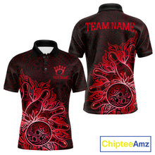 Load image into Gallery viewer, Red Tribal Pattern Bowling Ball men's bowling polo shirt, custom bowling team jersey, tribal bowling apparel