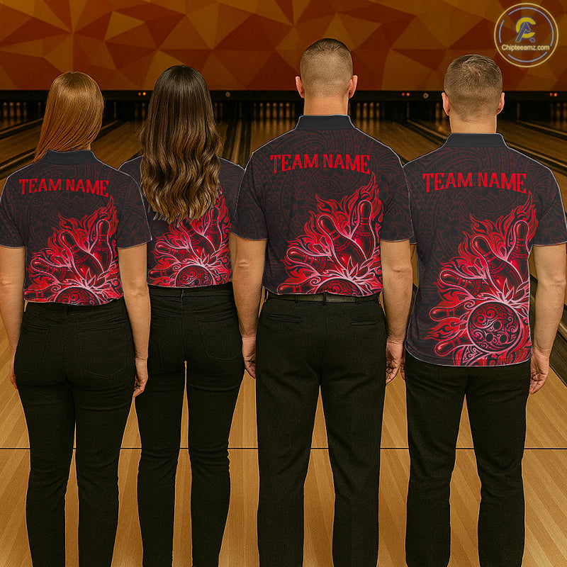 Men women bowling team wearing Red Tribal Pattern Bowling Ball bowling team uniforms