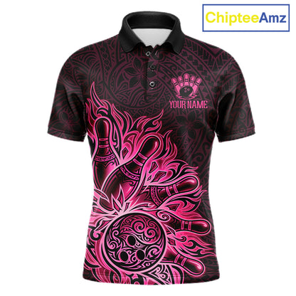 Pink Tribal Pattern Bowling Ball men's bowling polo shirt, custom tribal bowling team shirt, personalized bowling jersey
