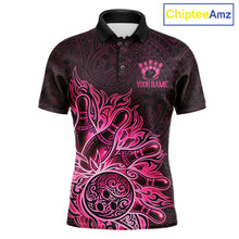 Load image into Gallery viewer, Pink Tribal Pattern Bowling Ball men's bowling polo shirt, custom tribal bowling team shirt, personalized bowling jersey