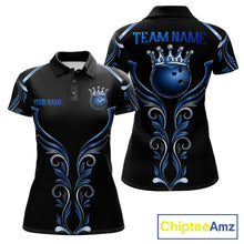 Load image into Gallery viewer, Black and Blue Tribal Crown Bowling Ball women's bowling polo shirt, custom bowling team jersey, league apparel
