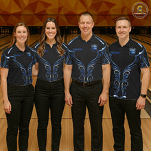 Load image into Gallery viewer, Men women bowling team wearing Black and Blue Tribal Crown Bowling Ball bowling uniforms