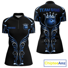Load image into Gallery viewer, Black and Blue Tribal Crown Bowling Ball women's bowling quarter zip shirt, custom bowling uniform