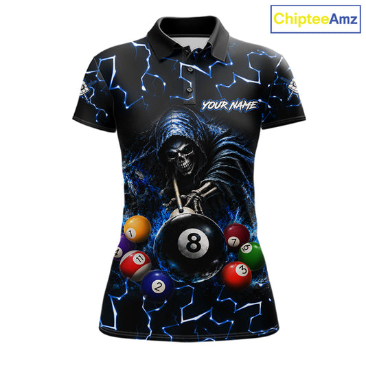 Lightning Blue Grim Reaper women's bowling polo shirt, custom skull bowling team jersey, league bowling apparel