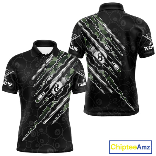 Men's Military Green Camo billiard polo with personalized name, custom APA league shirt, BCA tournament apparel, breathable athletic polo, tactical pool team jersey.