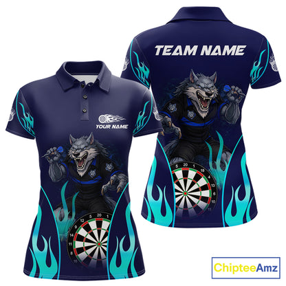 Personalized Funny Wolf Blue Flaming Darts Women Polo & 1/4-Zip Dart Shirt Wolf Dart Team Jerseys NYN2900