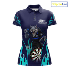 Load image into Gallery viewer, Personalized Funny Wolf Blue Flaming Darts Women Polo &amp; 1/4-Zip Dart Shirt Wolf Dart Team Jerseys NYN2900