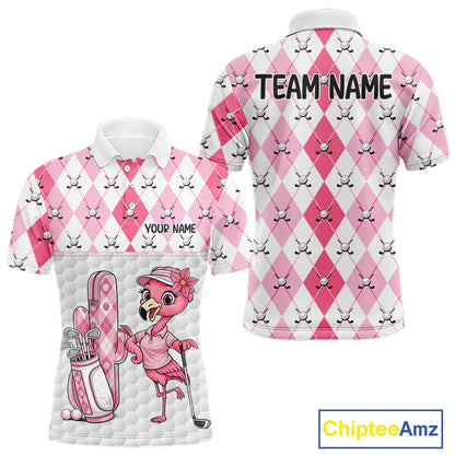 Funny Flamingo Golf Polo Shirts For Men Pink Argyle Flamingo Custom White Ball Golf Apparel NYN3121