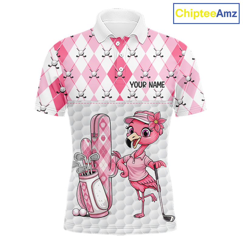 Funny Flamingo Golf Polo Shirts For Men Pink Argyle Flamingo Custom White Ball Golf Apparel NYN3121