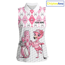 Load image into Gallery viewer, Funny Flamingo Golf Sleeveless Polo Shirts For Women Pink Argyle Flamingo Custom White Ball Golf Apparel NYN3121