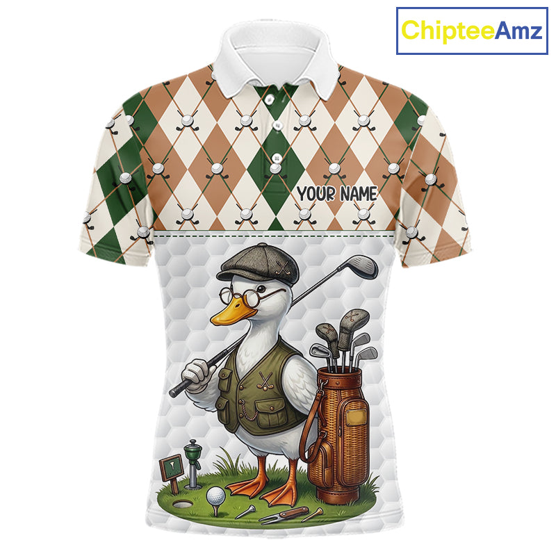 Funny Cool Duck Golf Polo Shirts For Men Green & Brown Argyle Custom White Ball Golf Apparel NYN3122