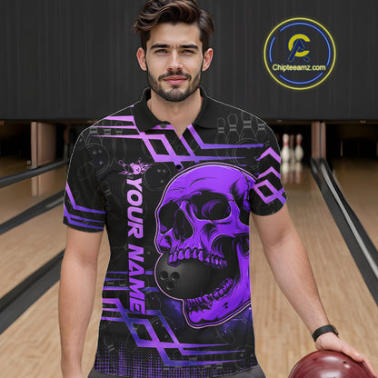 Black And Purple Skull Holding Bowling Ball Shirt For Men Custom Bowling Team Attire NYN3281