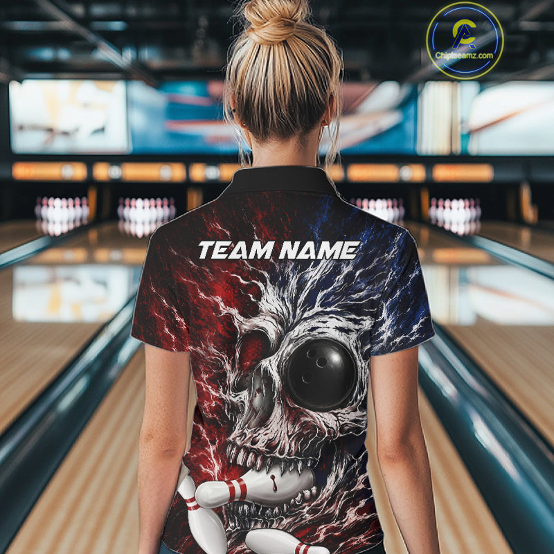 Red And Blue Grunge Skull Women Bowling Polo Quarter-Zip Shirt Custom Youth Bowling Team Outfits NYN3285
