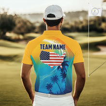 Load image into Gallery viewer, Male golfer wearing summer palm trees golf polo shirt, patriotic golf apparel, tropical golf outfit