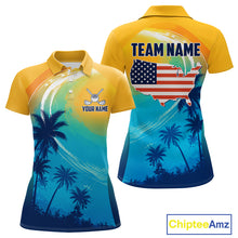 Load image into Gallery viewer, Summer palm trees women's golf polo shirt, personalized US flag golf apparel, tropical golf shirt, golf vacation clothing