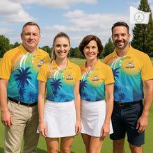Load image into Gallery viewer, Men women golf team wearing matching palm trees ocean golf polo shirts, summer golf uniforms, golf outing apparel